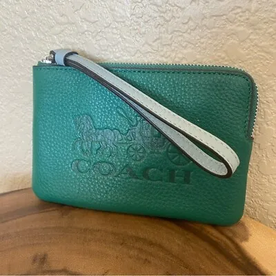 Coach Green Pebble Leather Wristlet Baby Blue Strap NWT Carriage Design • $102.79