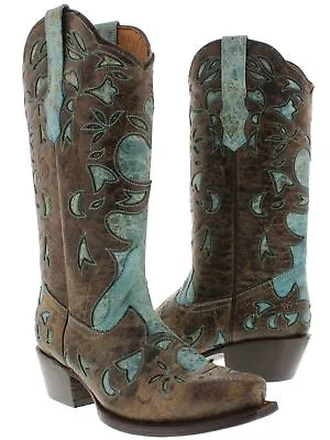 Womens Western Cowboy Boots Turquoise Overlay Real Leather Two Tone Snip Toe • $107.99