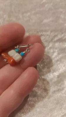 Vtg Native American Little Coral Turquoise  Mother Of Pearl Bead Drop Earri • £12