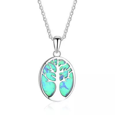 Women's Silver Life Blue Simulated Opal Zircon Jewelry Necklace Pendant • $0.78