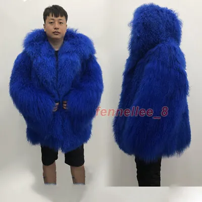 Men's Real Mongolian Lamb Sheep Coat Curly Long Fur Hooded Jacket Warm Overcoat • $334.06