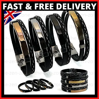 £3.99 • Buy Mens Leather Braided Bracelet Wristband Stainless Steel Clasp 2 Layer Gift Boys