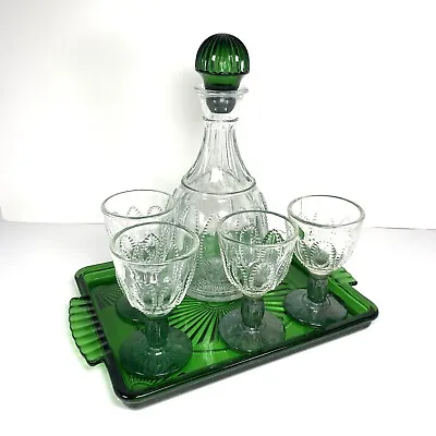 Vintage 1980's AVON Emerald Green Glass Liquor Decanter Set W/ Tray & 4 Goblets  • $56.25