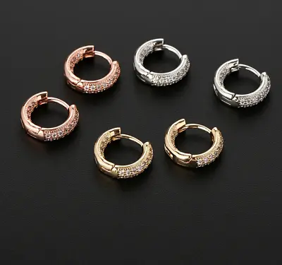 Women Men White Gold Plated Hoop Earrings Huggie Earrings Micro Pave CZ Pierced • $6.95