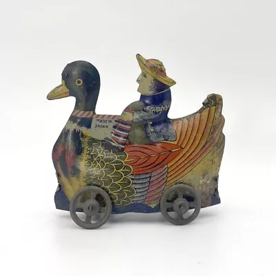 1900s Made In Japan RARE Penny Toy Dutch Person Riding On Duck Tin Toy • $425