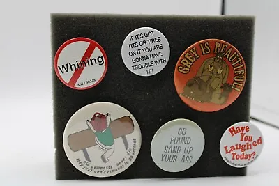 Lot Of 6 Vintage Pin Back Buttons Mix OLD GYMNASTS GREY IS BEAUTIFUL IF IT'S GOT • $11.95