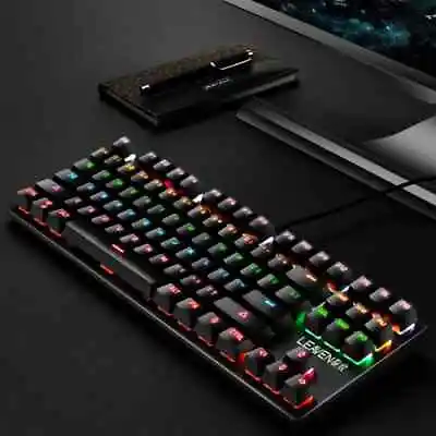 LEAVEN K550 Mechanical USB 87 Keys Gaming Keyboard Backlit Rainbow UK - Black • £13.99