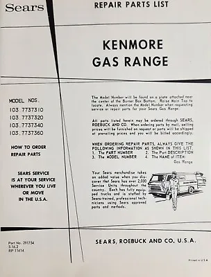 Vintage 1970's Sears Repair Parts List For Kenmore Gas Range Pamphlet • $57.50