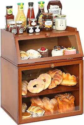 Large Double Separable Bamboo Bread Box Storage With Clear Window And Adjustable • $70.99