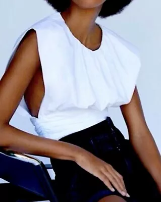 Zara Cropped Top Pleated Sleeveless Round Neck Open Sides Poplin Blouse White XS • $25
