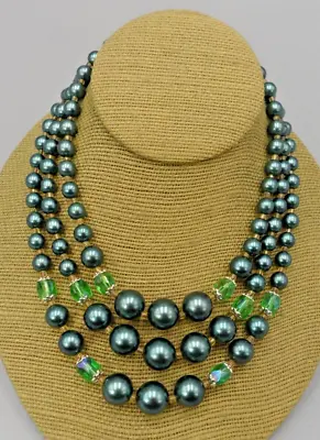 50s Vintage Beaded Choker Necklace 3 Strand Green Faux Pearl Glass Iridescent • $17