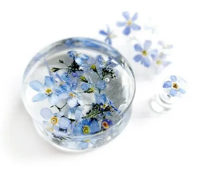 Forget Me Not Blue Flower Ear Plug Resin Wedding Gauge Ear Tunnel Jewelry 1 Pair • $18.26