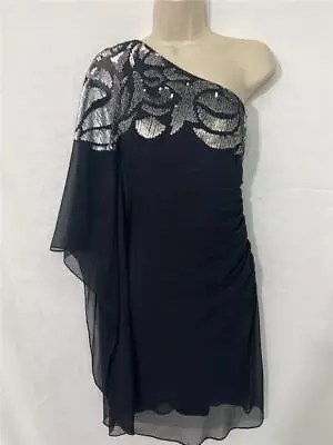 AIDAN MATTOX Black Chiffon One Shoulder Silver Sequin Mini Dress Sz 2 EUC • $28