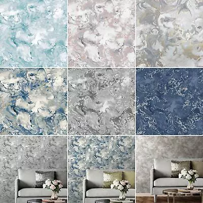 £1.99 • Buy Muriva Elixir Marble Wallpaper Metallic Swirls - Silver Rose Gold Teal Grey Blue