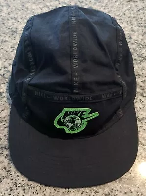 5 PANEL Nike WORLDWIDE Vtg AW84 Running Hat Cap Black  Logo Reflective • $43.89