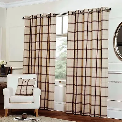 Belle Maison Plaid Tartan Check Cream Eyelet Curtains ~ Thick Wool Type Fabric ~ • £59.99