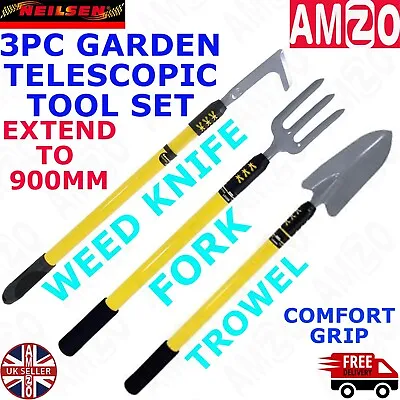 3pc Telescopic Garden Hand Tools Set Extending Handles Fork Trowel Patio Knife • £15.99