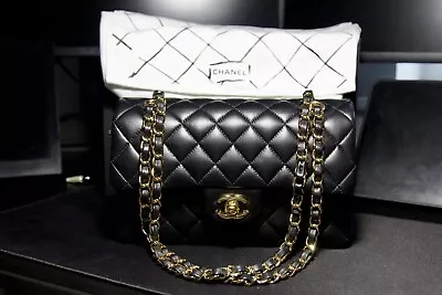 CHANEL Classic Double Flap Shoulder Bag Small Black Lambskin Leather Excellent • £7999