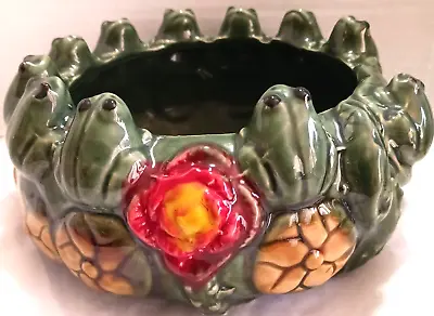 Majolica Pottery Vintage Frogs Planter/ Bowl Lotus Flower 11 Green Frogs Sitting • $35