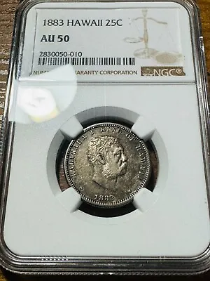 Hawaii 1883 One Quarter Dollar (1/4) King Kalakaua Silver Coin - Great Detail! • $225
