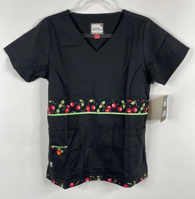 Mary Engelbreit Scrub Top Size S Black Cherries V Neck Pockets M3013A NWT • $19.99