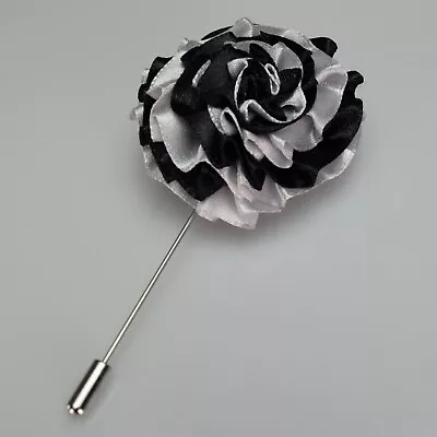 Black Silver Rosette Satin Lapel Flower Blazer Pin Wedding Prom Boutonniere UK • £4.99