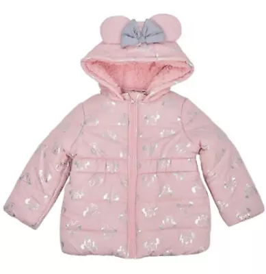 Disney Girl's Minnie Mouse Print Hooded Puffer Jacket/ Ears And Bow Pink Sz 6 • $28.99