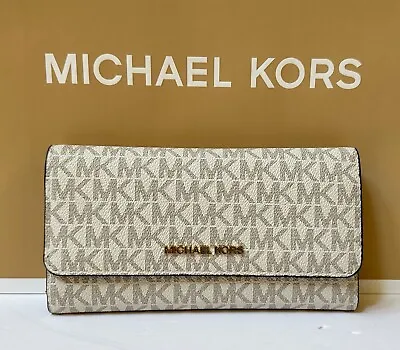 Michael Kors Jet Set Travel Large Trifold Wallet Mk Vanilla Brown • $68