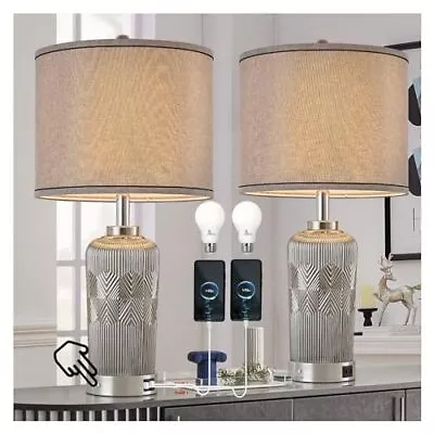  Modern Glass Table Lamps Bedside Lamps Set Of 2 With USB-C&USB Silver-1 • $155.94