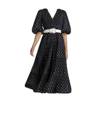 $199 • Buy Zimmermann PLEATED LONG SLEEVE MIDI DRESS IN BLACK & PEARL POLKA DOT Size 2