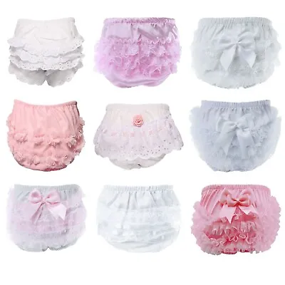 Baby Girls Frilly Bloomers Cotton Nappy Cover Knickers Pants Romany Lace Bow NEW • £5.45