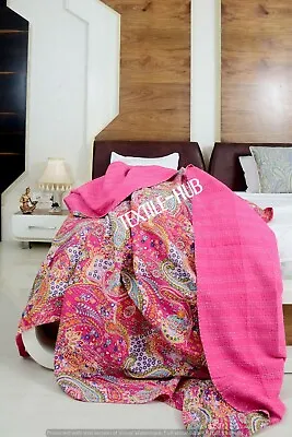 Pink Paisley Kantha Quilt Twin Queen SIZ Bed Throw Blanket Indian Handmade Quilt • £33.59