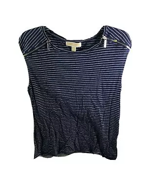 Michael Kors Blouse Shirt Top Womens Size L Large Stripe Zippers Blue White • $17.85