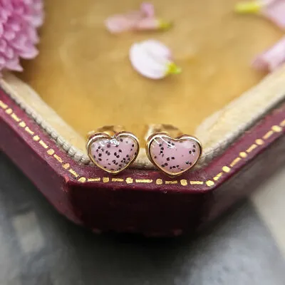 Dainty Children's Heart Earrings In 9ct Gold With Glittered Enamel • £39