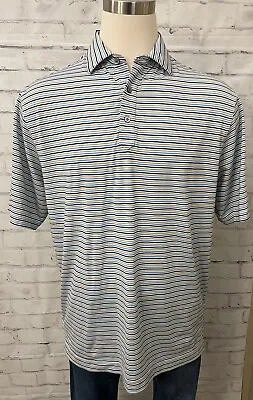 Foot Joy FJ Golf Polo Dress Shirt Sz L Mustang Golf Club Blue Beige Striped • $25.10