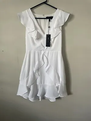 BCBGMAXAZRIA Women's Fit And Flare Ruffle Hem Mini Dress V-Neck Off White • $29.99