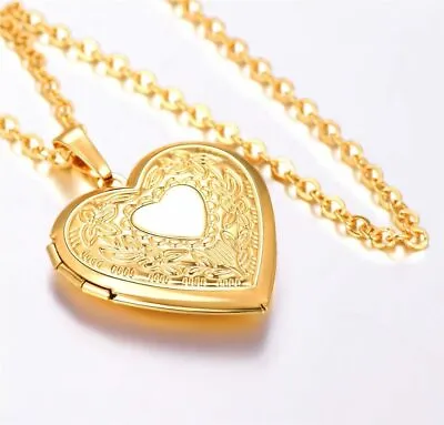 Gold Plated Heart Photo Locket Pendant Necklace Birthday Gift For Her Girl Woman • £18.99