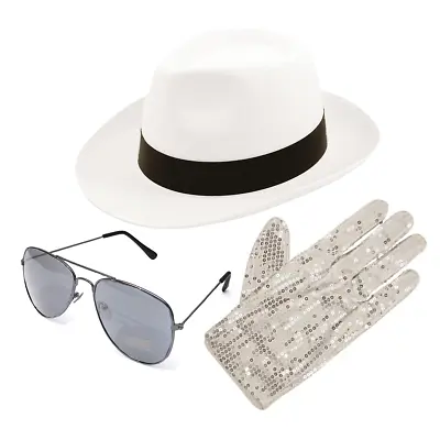 Michael Jackson 3pc Gangster Hat Sequin Gloves Mirror Shades Fancy Dress • £15.99