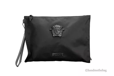 Versace Large Black Nylon Fabric Medusa Convertible Pouch Clutch Wristlet Bag • $339