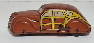 Vintage J CHEIN Wind-Up Tin Litho Red Sedan Family 5.25  Car Toy • $71.95