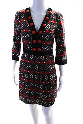 Milly Womens 3/Studded Grommet V Neck Abstract Silk Dress Gray Red Black Size 0 • $34.81