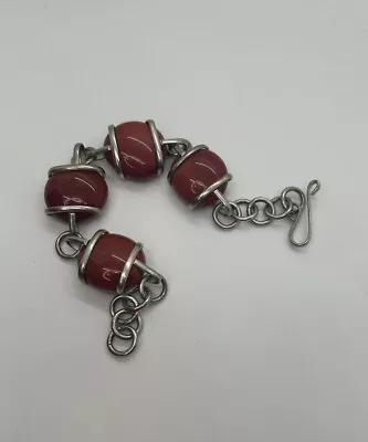 Vintage Bracelet 925 Sterling Silver Carnelian Red Stone Hook Adjustable • $42.87