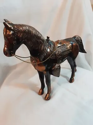 Vintage Copper Bronze Colored Cast Metal Saddled Horse Statue 12  Figurine  • $14.99