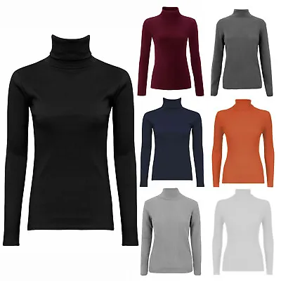 Womens Ladies Skinny Ribbed Polo Turtle High Roll Neck Long Sleeve Top UK 8-26 • £7.49