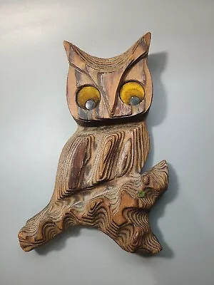 Vintage Mid Century Hand Carved Cryptomeria Wood Owl  Felt Eyes 8.25  • $7