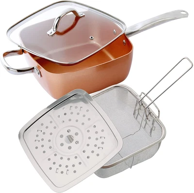 £18.99 • Buy 4pc Aluminium Non Stick Frying Pan Set Chip Pan Oven Basket Pot With Glass Lid