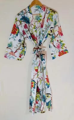 $36.29 • Buy Indian White Flower Print Kimonos Long Cotton Women's Clothing Kimono Bath Robes