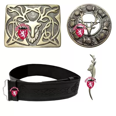 Highland Kilt Outfit Belt Buckle Celtic Embossed Scottish Brooch Pin Stag Head • £26.99