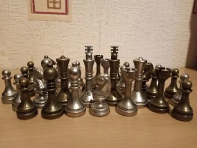 Complete 32 Piece Metal Chess Pieces/ Set50mm Kingvintage Silver Bronze Colour • £24.99