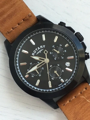 £69.98 • Buy Rotary GS03010/04 Chrono Leather Strap Black Dial Ion Plated Watch